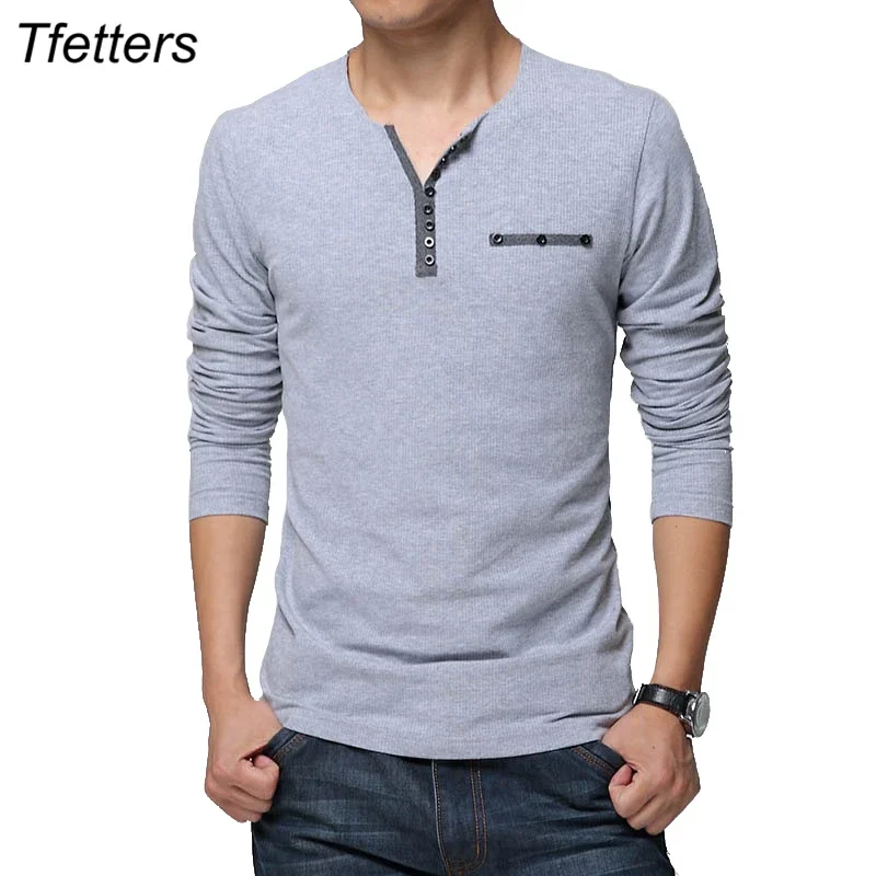 TFETTERS European Style Men T-shirt Autumn Fashion Button Collar Long Sleeve Solid Color Regular Fit Cotton Tops