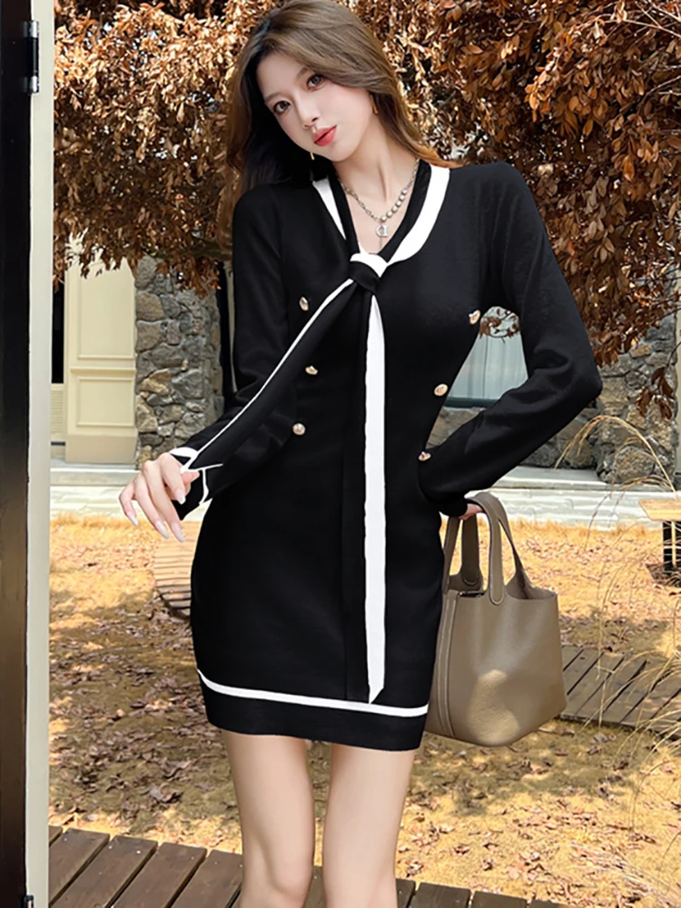 เดรสไหมพรมแขนยาวคอวีผูกโบว์ทรงมินิสำหรับผู้หญิง สไตล์เกาหลี ปี 2025  ชุดเดรสเข้ารูป  ชุดเดรสสำหรับงานเทศกาล  งานพรอม  ดีไซน์หรูหรา