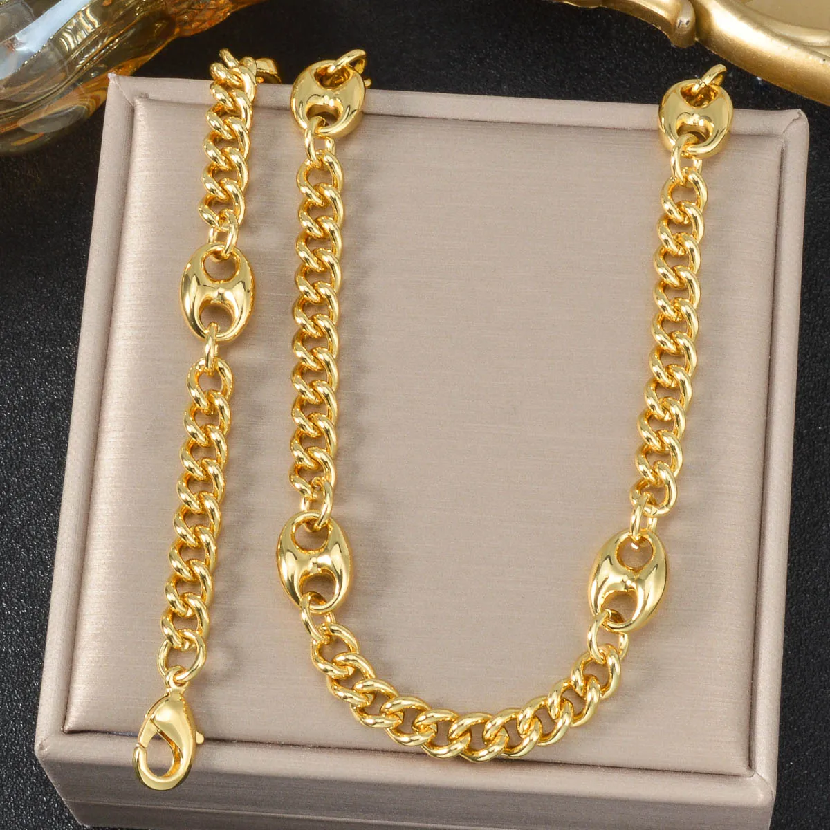 

Gold Plated Copper Matching Set for Women Vintage with Modern Twist Necklace Bracelet Minimalist Jewelry Gift for Her