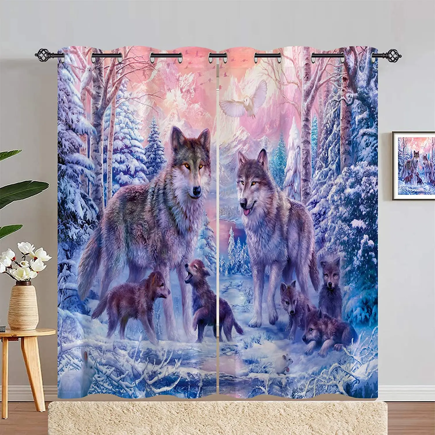 

3D Custom Printed Animal Home Curtain, Snowy Winter, Forest and Wolf, Family Shading, Polyester 2 Panel, Kid Bedroom