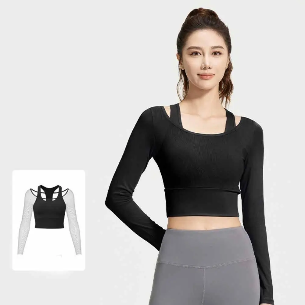 Long Sleeved Fitness Yoga Top Mesh Splicing Slimming Design Women Sports Top High Elastic Pullover Neck Workout T-shirt