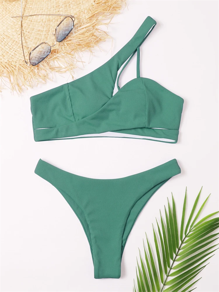 Bikini Swimwear Women Swimsuit 2024 New Solid Ribbed Thong Bikinis Set Sexy One Shoulder Summer Beach Wear Bathing Suit Female