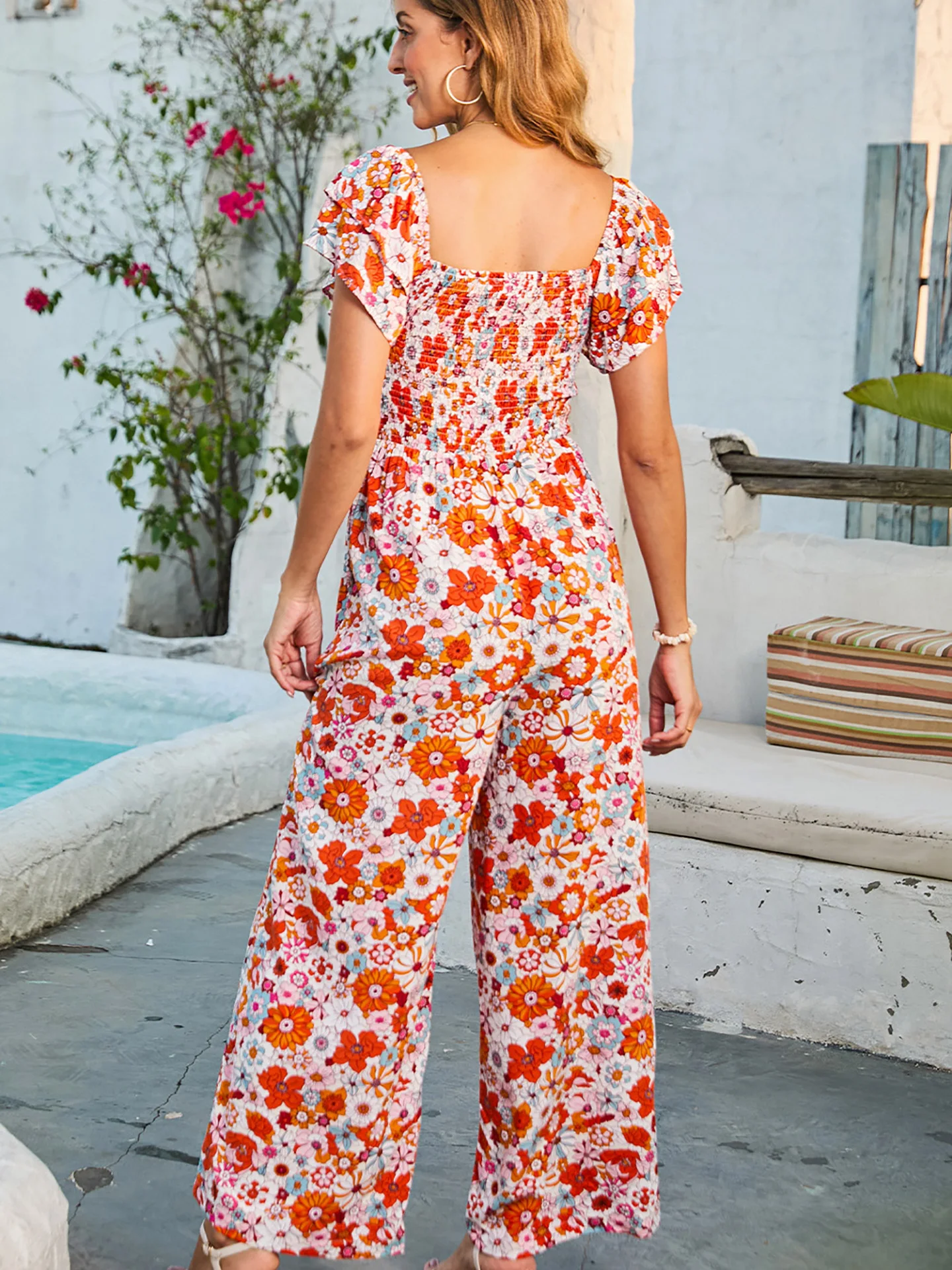 DearLover Kombinezon damski z kwiatowym wzorem, z wysokim stanem i szerokimi nogawkami, letni, nowy model 2025, kolorowy wzór Blo.