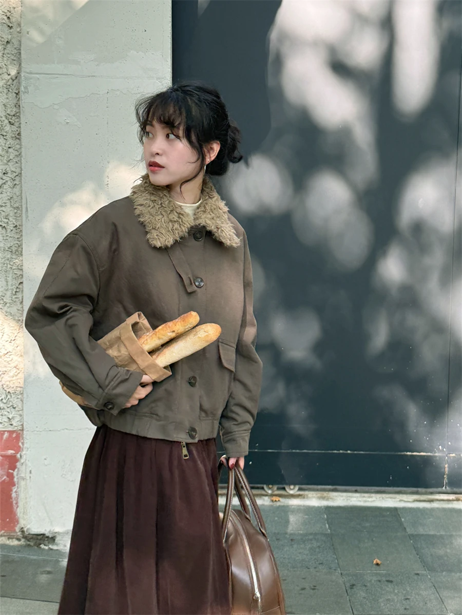 

Good Magazine Small Size Wood Brown een Faux Suede Collar Jaet Cotton Outerwear Barn Sle Parka Cotton Coat for Women