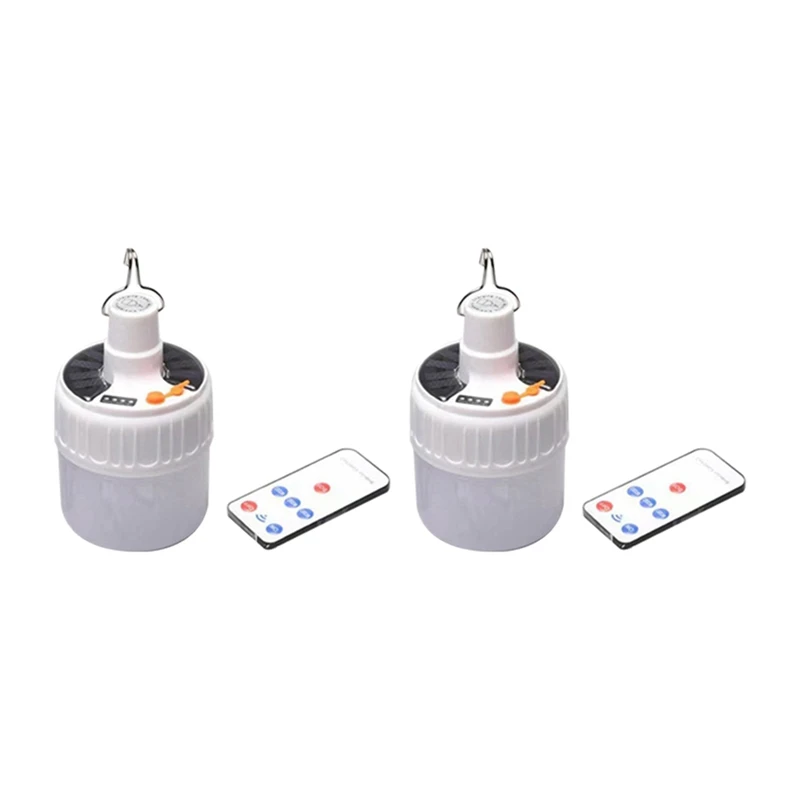

AT51-Portable Lanterns Solar Lights Rechargeable Bulb Emergency Light With Remote Control Hooks Outdoor Camping Lighting 2Pc