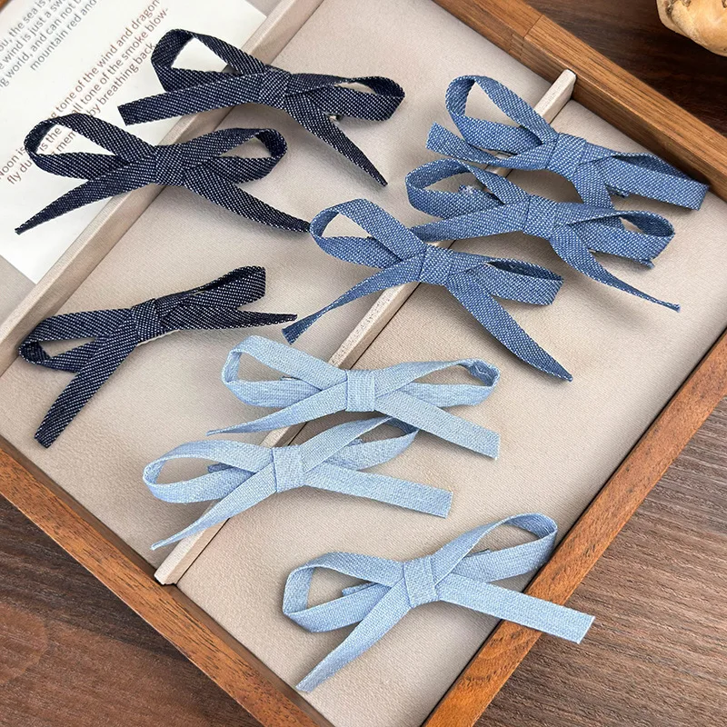 

9CM HairClips Fashion Denim Blue Fabric Bow Barrettes for Woman Girls Hairpins Shredded Hair Bangs Clip Duckbill Clip Retro