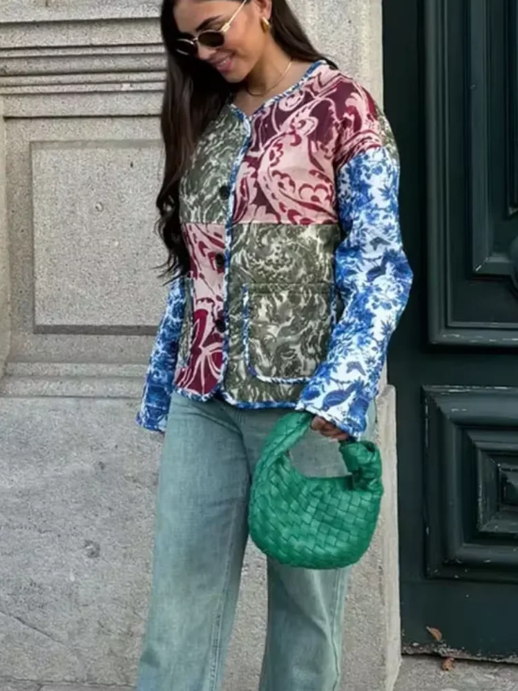 Abrigo Vintage de algodón con estampado de retazos en contraste para mujer, chaqueta elegante de manga larga con cuello redondo y botonadura única, ropa de calle para mujer, novedad