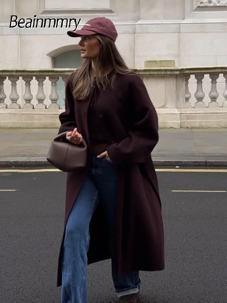 

Women Dark Red Woolen Long Coat Elegant Round Neck Lace Up Full Sleeve Loose Overcoat 2025 Autumn Winter Lady High Street Jacket
