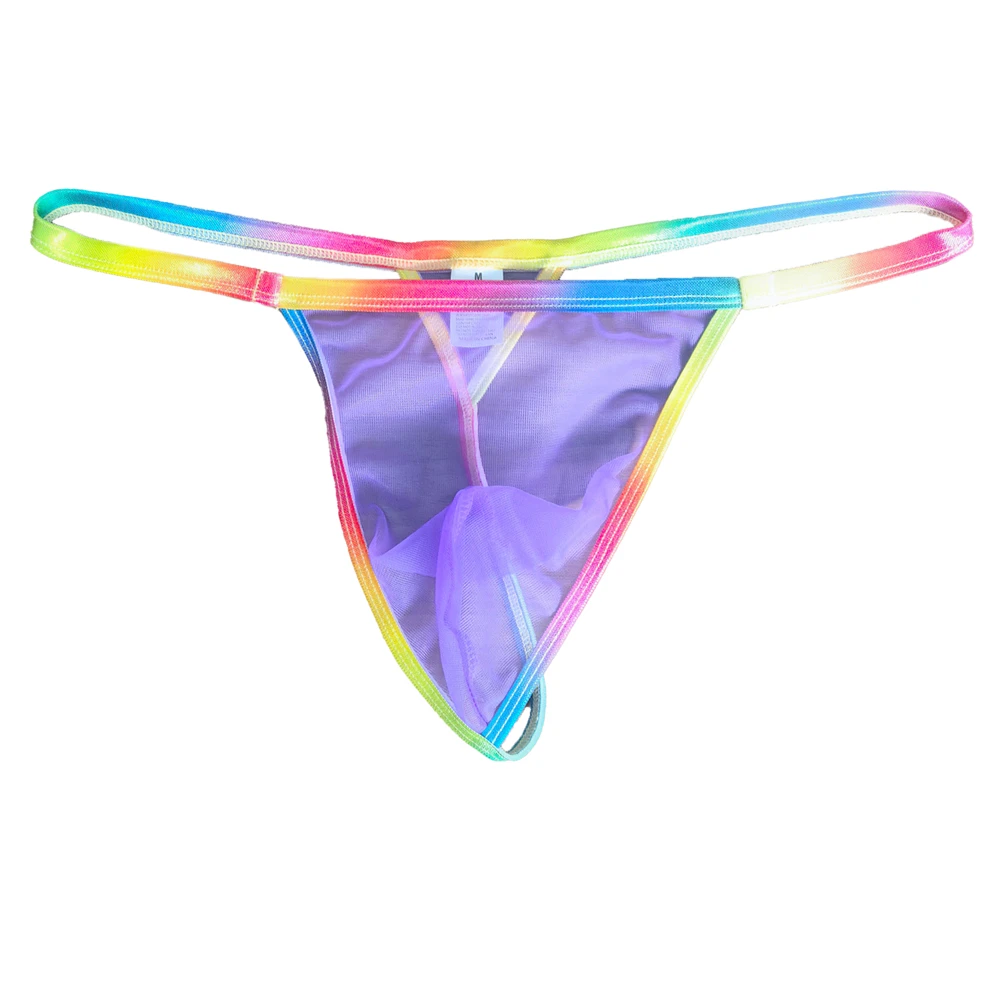 

Transparent Men Sexy Low Waisted G-strings Mesh Breathable Comfortable T-back Underpants Rainbow Edge Erotic Gay Underwear Thong