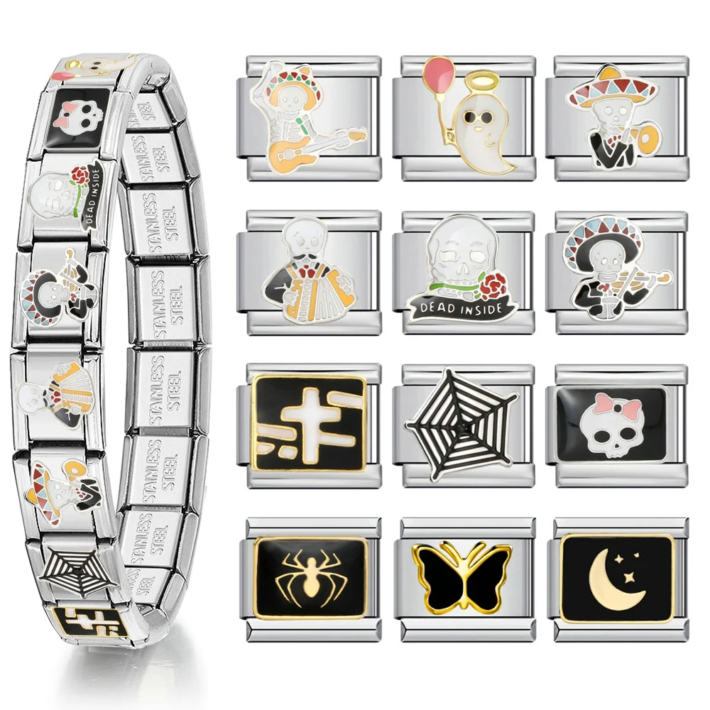 Y2K Italian Charms Link Fit 9mm Stainless Steel Fashion Bracelets Mexican Ghost Skull Spider Web DIY Making Jewelry Accessories