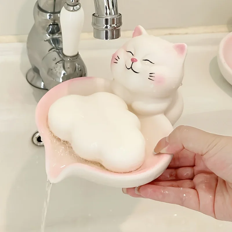1Pc Creative Lucky Cat Soap Dish, Drainable Cute Soap Holder, Household Storage Rack for Bathroom & Washbasin
