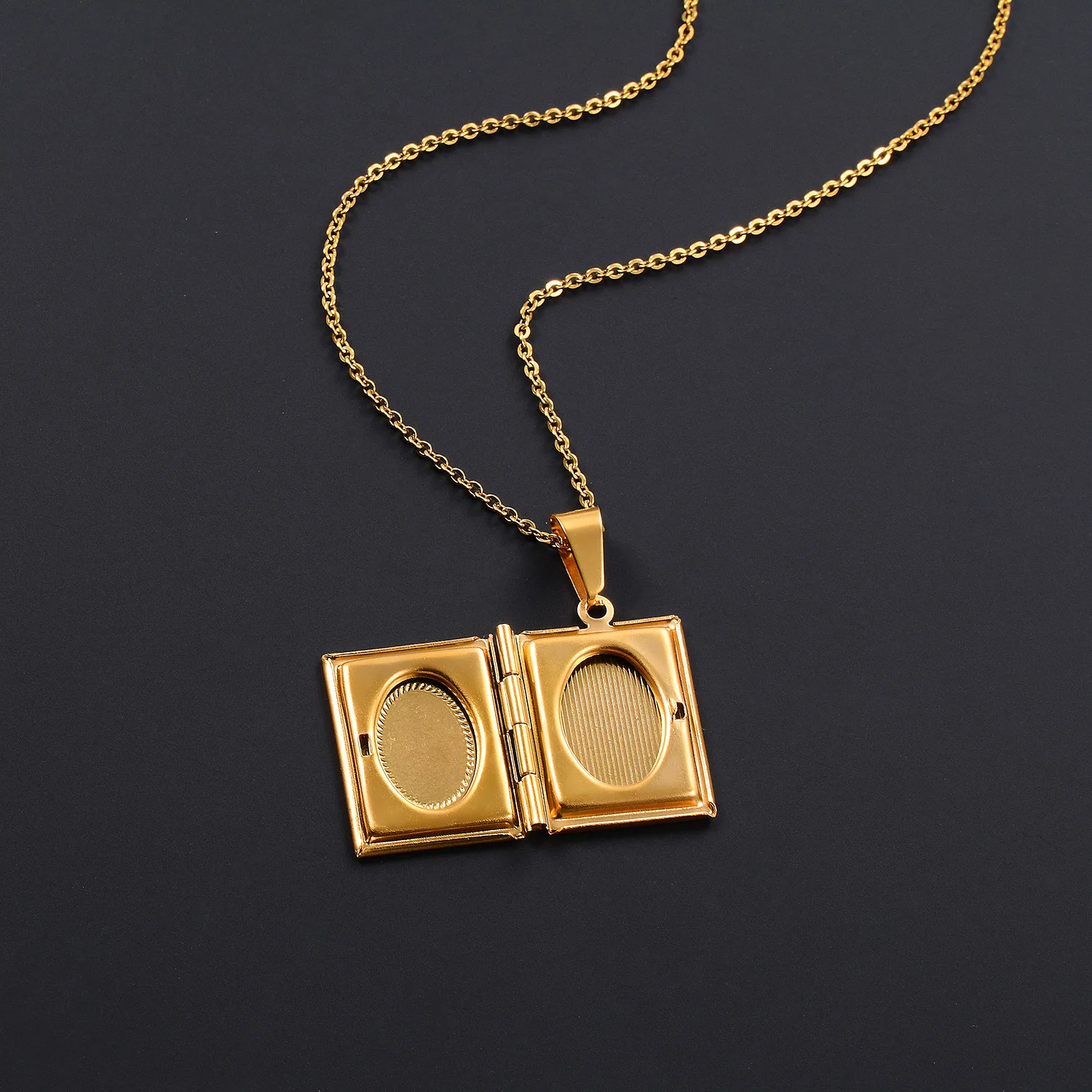 Fotorahmen-Anhänger Halskette O-Kette Rechteckiges Medaillon Buchbild-Charm Edelstahl Öffnbarer Anhänger Schmuck Paargeschenk – Detail 7
