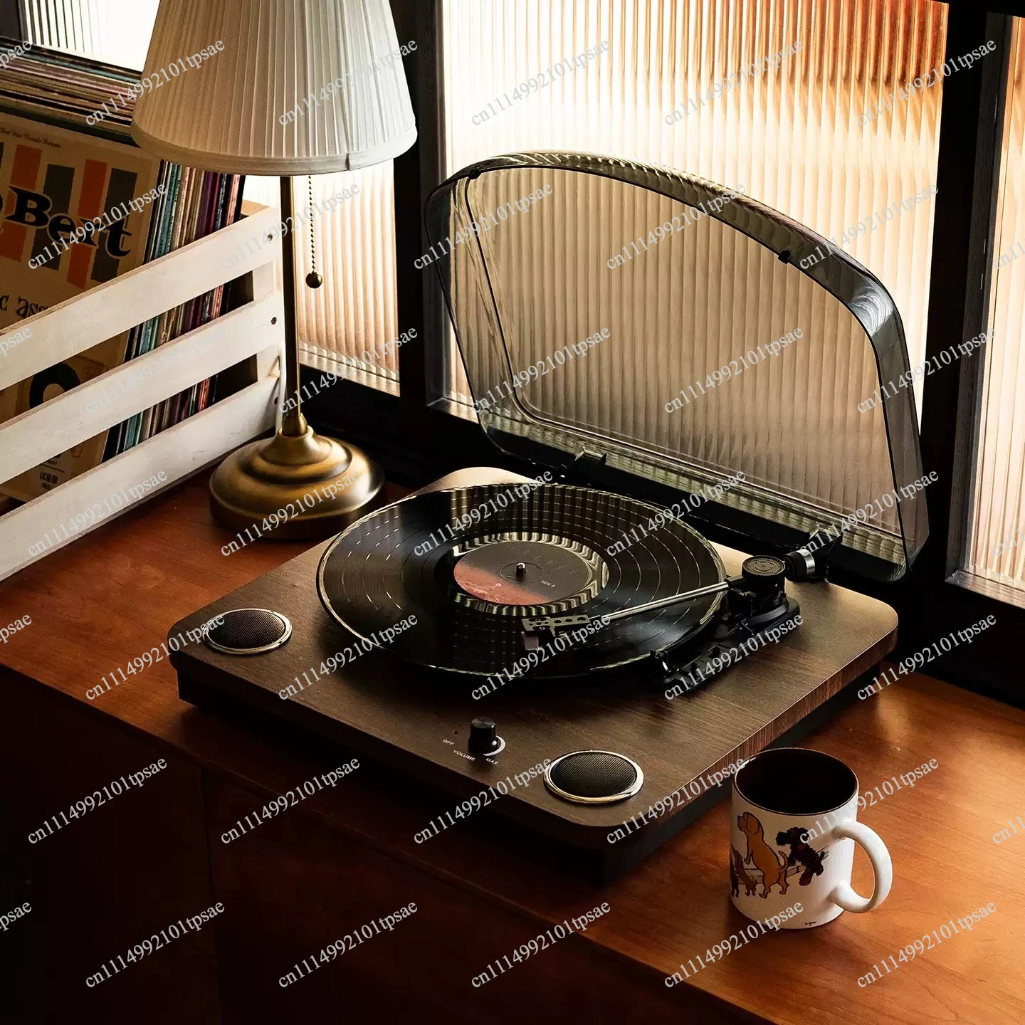 Black vinyl records, CD players, gramophones, audio decorations, wooden Bluetooth retro vintage living room