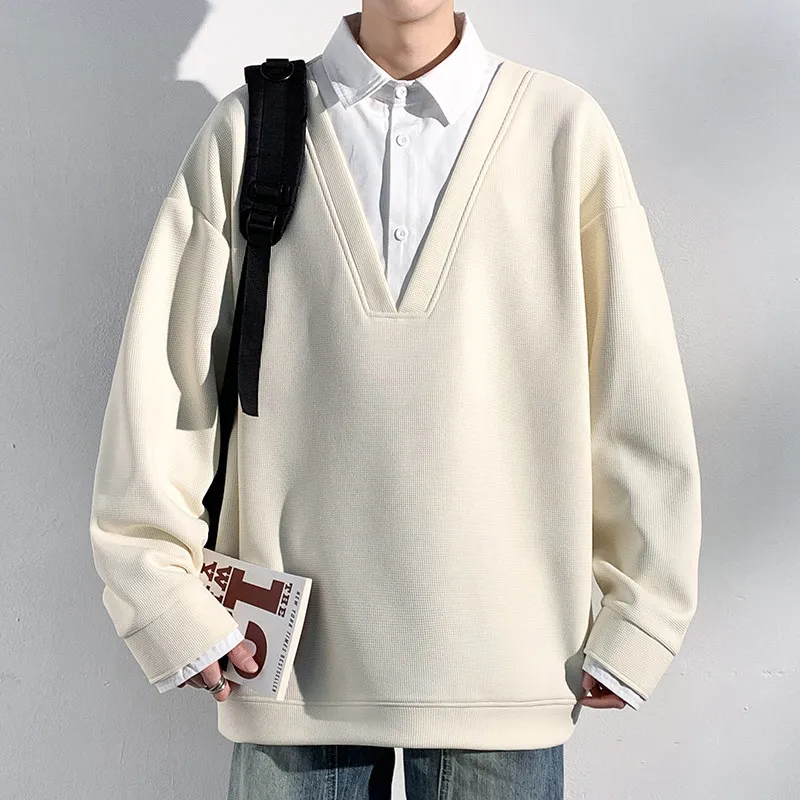 

Loose Men's Hoodie irt Collar Spring Faion Brand Fake Two-Piece American College Sle Pullover Long Sve Breathable