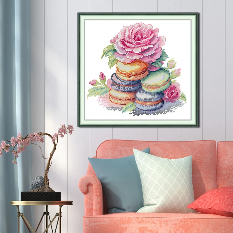 

JoySunday Cross Stitch Kit Aida 16CT 14CT 11CT Counted Stamped or Unprinted Fabrics DIY Embroidery Kits Macarons and Peonies