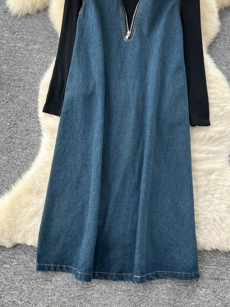 패셔너블한 지퍼 V넥 슬림 데님 베스트 여성용 가을 이너 롱 슬리브 하이웨이스트 스트레이트 컷 출퇴근용...