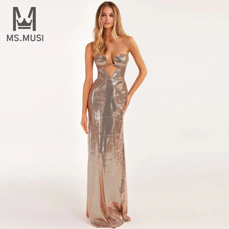 

MSMUSI 2023 New Fashion Designer Women Sexy Strapless Stunning Sequins Lace Up Sleeveless Bodycon Party Club Maxi Dress Gown