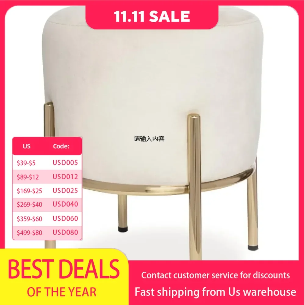 

Upholstered Round Ottoman, Velvet Cushion with Gold Metal Legs, Use as a Vanity Chair Stool or Footrest - 14x17 inches