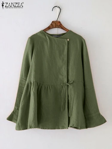 ZANZEA-Blusa Vintage de manga larga acampanada para Mujer, Camisa de algodón informal para trabajo, Tops lisos con cordones, Túnica 2024