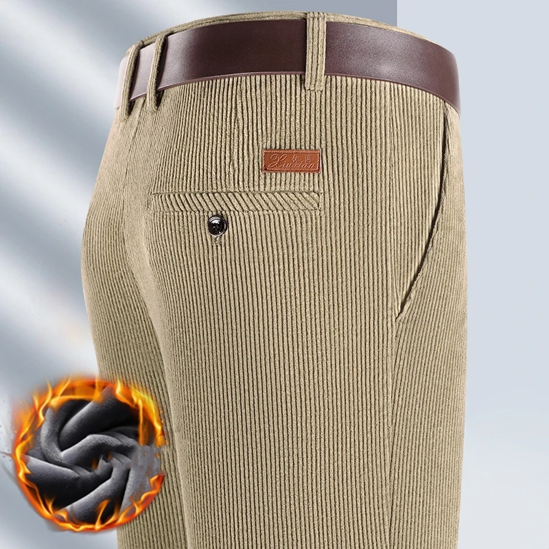 2026 Autumn Winter Men Slim Fit Corduroy Straight Pants Men Streetwear Fleece Pants Men Oversized Pants Male Business Trousers