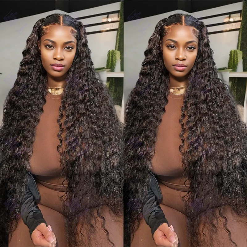 Loose Deep Wave Curly Lace Frontal Wig para mulheres, cabelo humano pré-arrancado brasileiro, perucas pretas, peruca transparente HD, 13x6, escolha