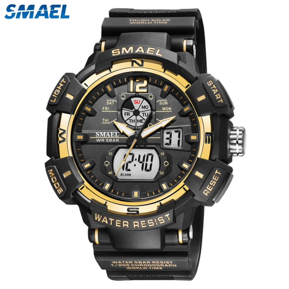 SMAEL Sport Watch Men's Quartz Movement Digital LED Back Light Stopwatch Alarm Watches For Male Military Dual Time Wristwatch