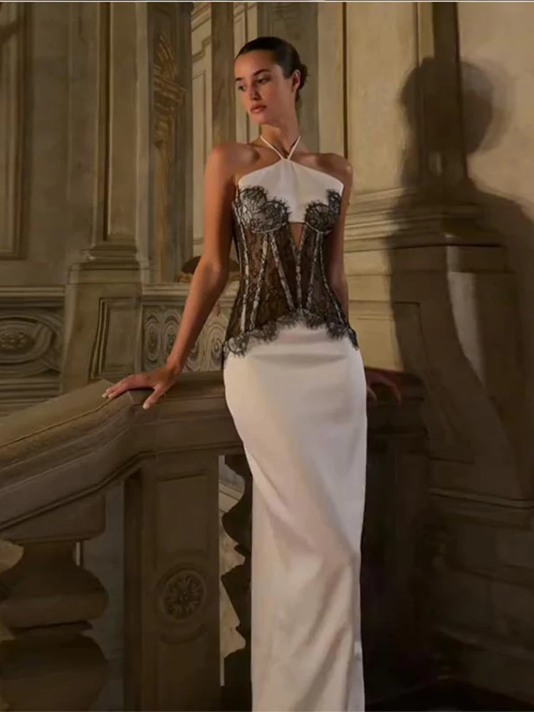 المرأة الدانتيل المرقعة الرسن فستان ماكسي الجوف خارج انظر من خلال فساتين بلا أكمام سيدة جديدة أنيقة موضة مساء رداء حفلات 2025