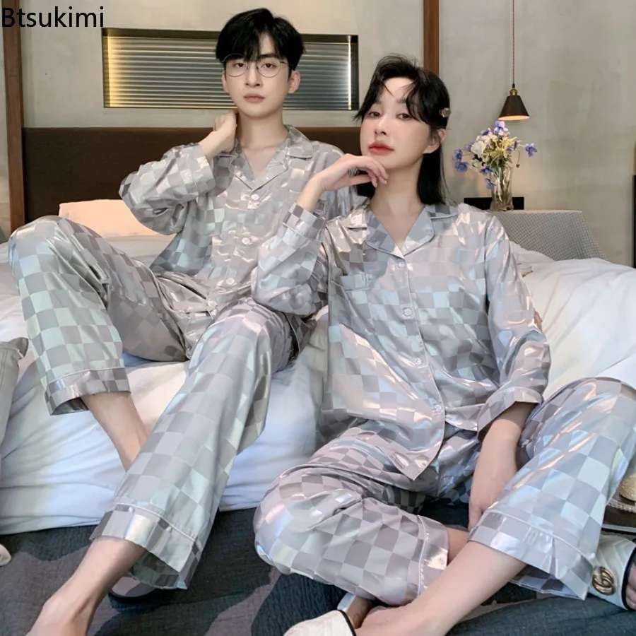 New Spring and Autumn Men's Pajama Set Ice Silk Couple Pajamas Sleepwear Long Sleeve Shirt Pants Women Men Homewear Loungewear