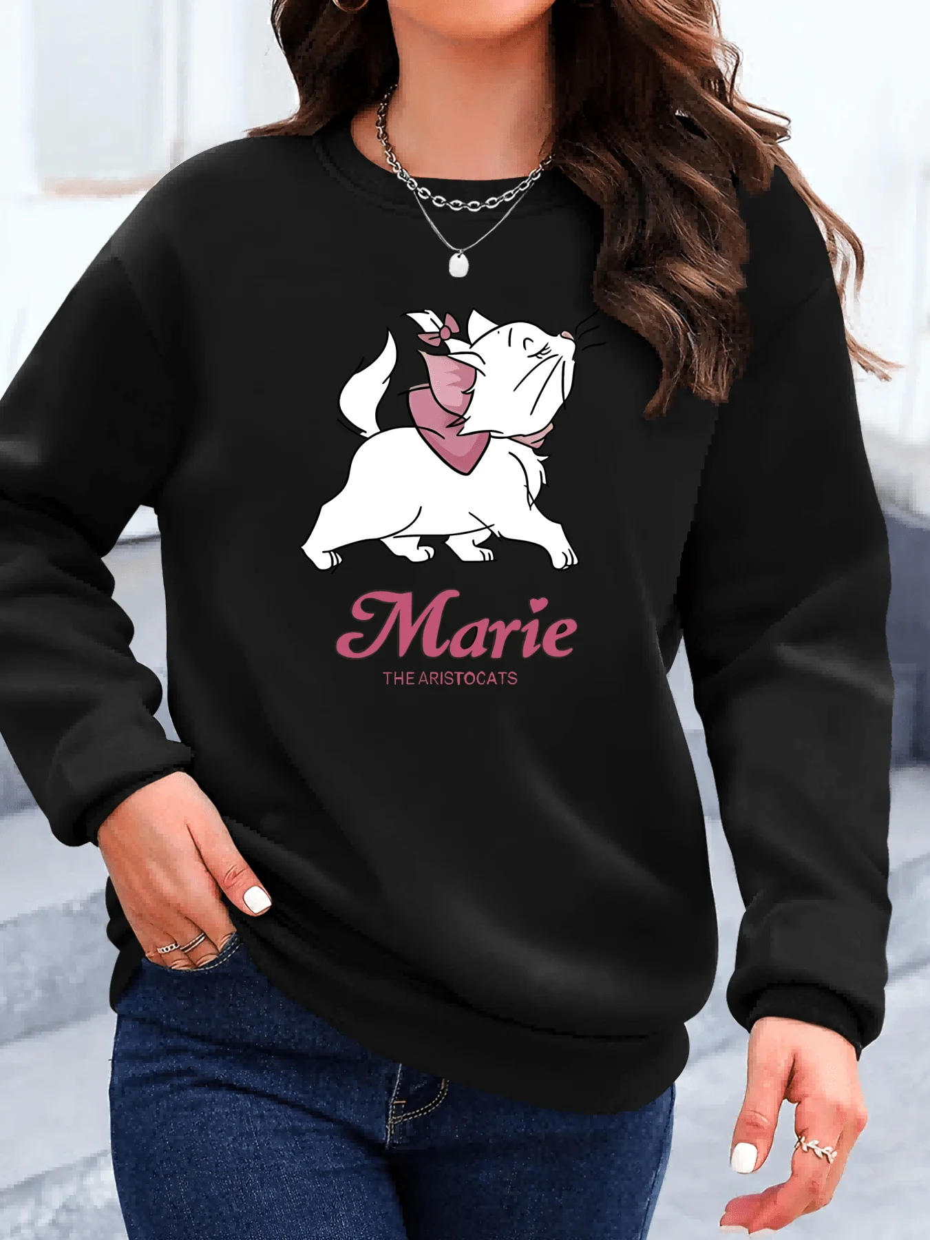 Sudadera de gatos de Marie los Aristogatos de Disney, sudaderas con capucha de algodón para hombre y mujer, jersey de lana de gran tamaño con cuello redondo para otoño e invierno, abrigos superiores