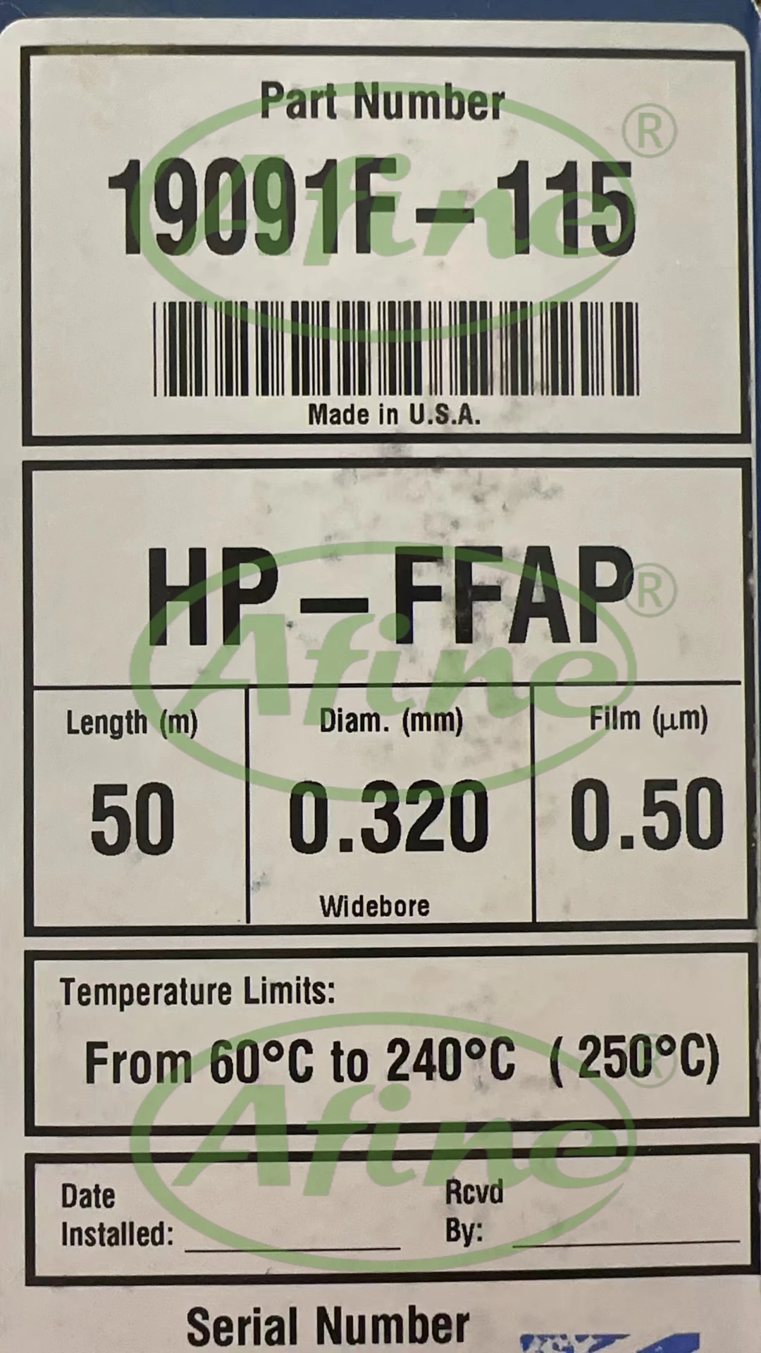 AFINE Agilent HP-FFAP Columns 19091F-115 J&W HP-FFAP Gas Chromatography Columns, 50 m, 0.32 mm, 0.50 µm, 7-inch Racks