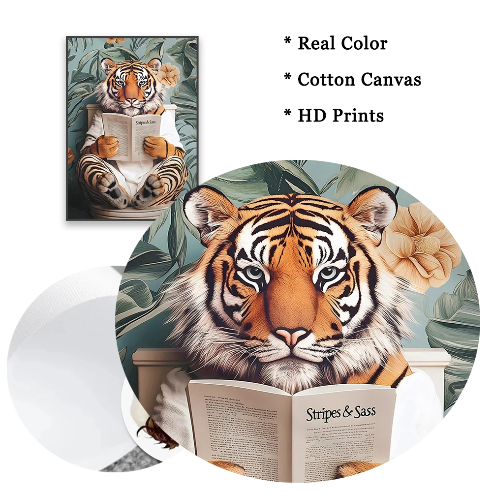 Zebra on Toilet Bathroom Poster Giraffe on Toilet Funny Bathroom Tiger Wall Art Prints Colorful Botanical Bathroom Art Poster