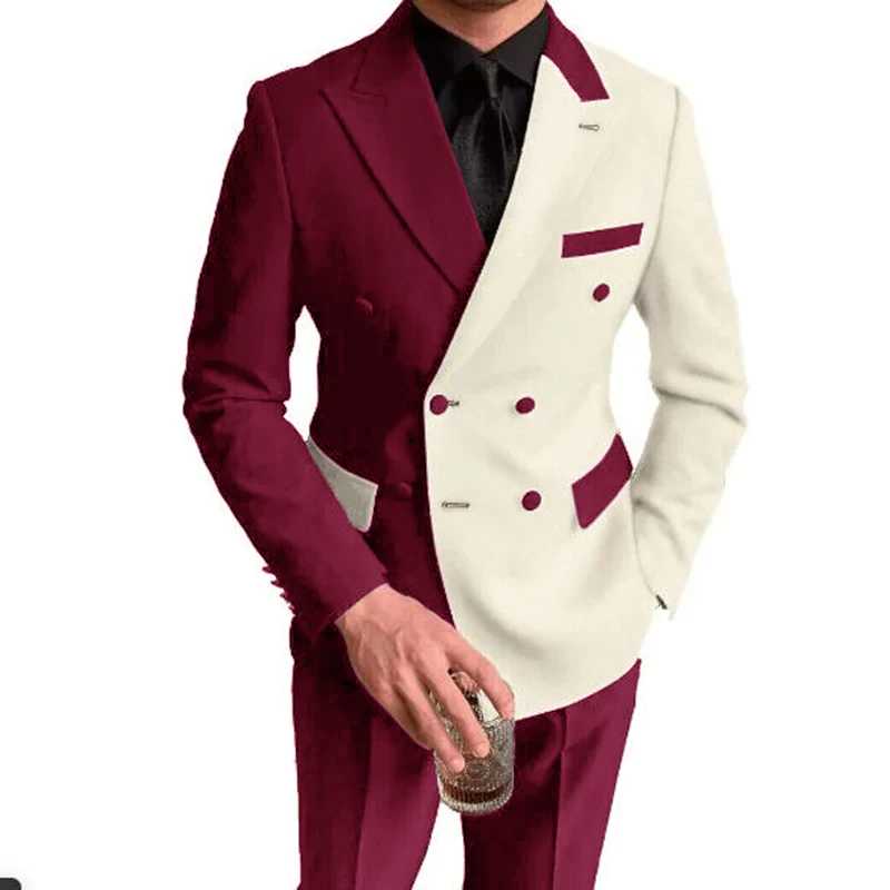 

Fashion Burgundy Ivory Splicing Men Suit Casual Party Classic Double Breasted Jacket Evening Dinner Elegant Blazer Pants Outfits