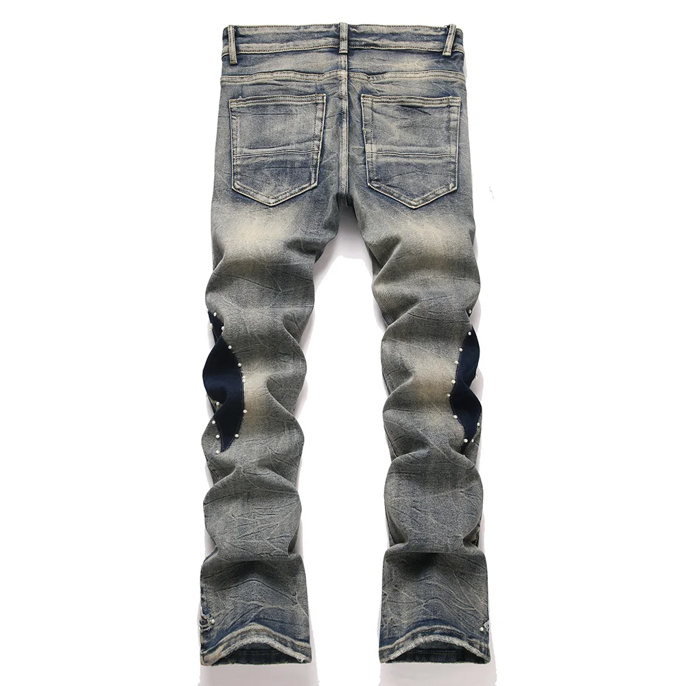 Men's Pearl Boot Cut Denim Jeans Embroidery Patch Slim Flared Pants Casual Streetwear Vintage Blue Trousers