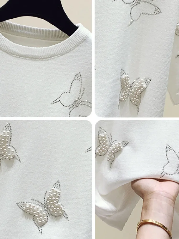 T-Shirts Women Casual Knitted Beading Solid All-match Korean Fashion Popular Streetwear Summer Short-sleeved Tops Harajuku Ins