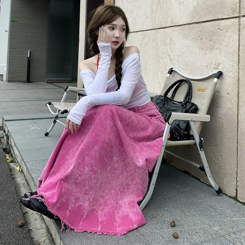 Washed A-Line Denim Skirt Women Spring Summer New Niche Design Dopamine Wear Low Waist Slim Floor Long Skirt