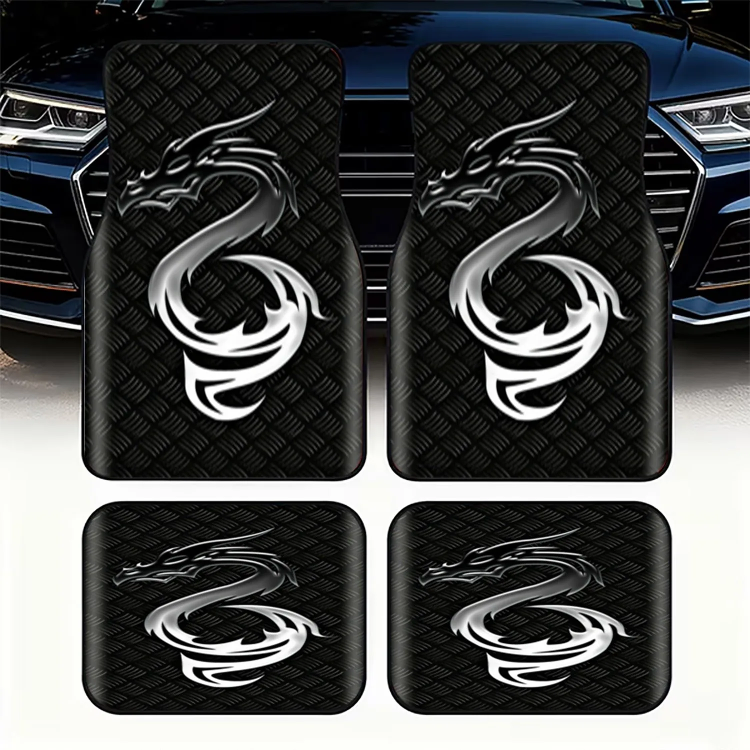 4pcs Stylized Dragon Design Car Floor Mats | Sleek Modern Black-White Gradient Silhouette, Polyester Fiber, Durable Auto Floor L