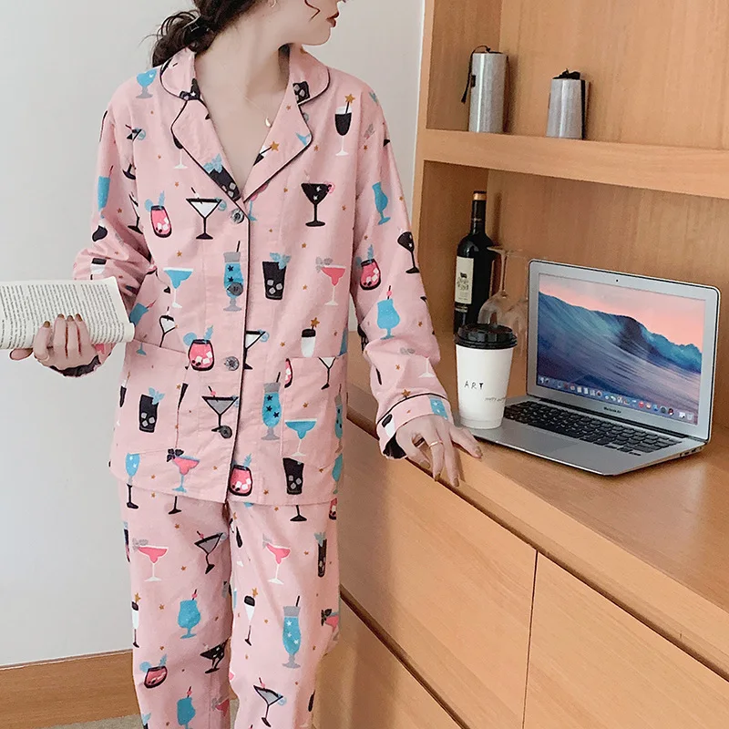 PJS Spring Women Cotton Ground Wool Sleepwear Warm Long Sleeve Pajama Set 2 Pieces Ladies Homewear Set Month Clothes Pijamas