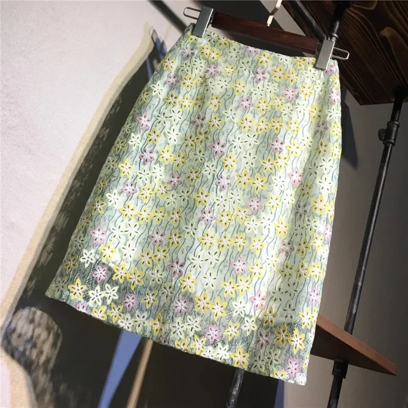 Lace Flower Women Bodycon Skirt Office Female Slim Knee Length High Waist Stretch Sexy Pencil Skirts Jupe Femme