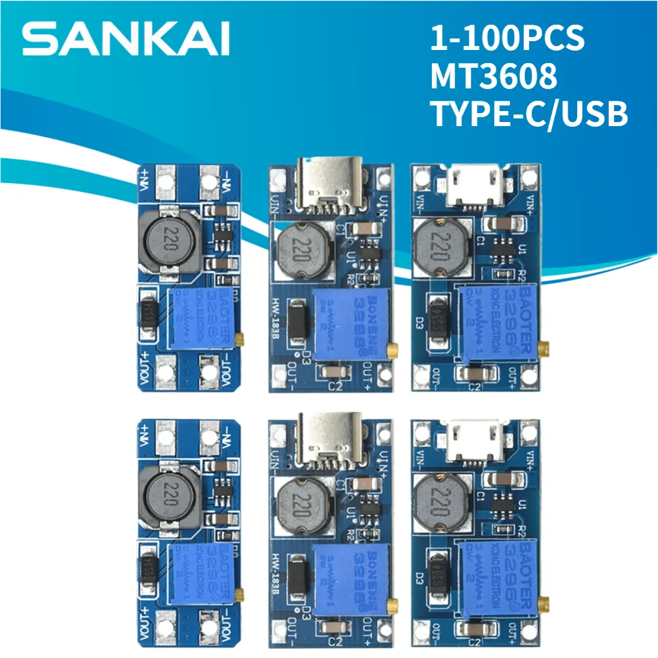 Module d'alimentation élévateur de tension DC-DC MT3608 TYPE-C/USB 2A Max, 1 à 100 pièces, module de suralimentation 2-24V vers 5V/9V/12V/28V, kit électronique DIY