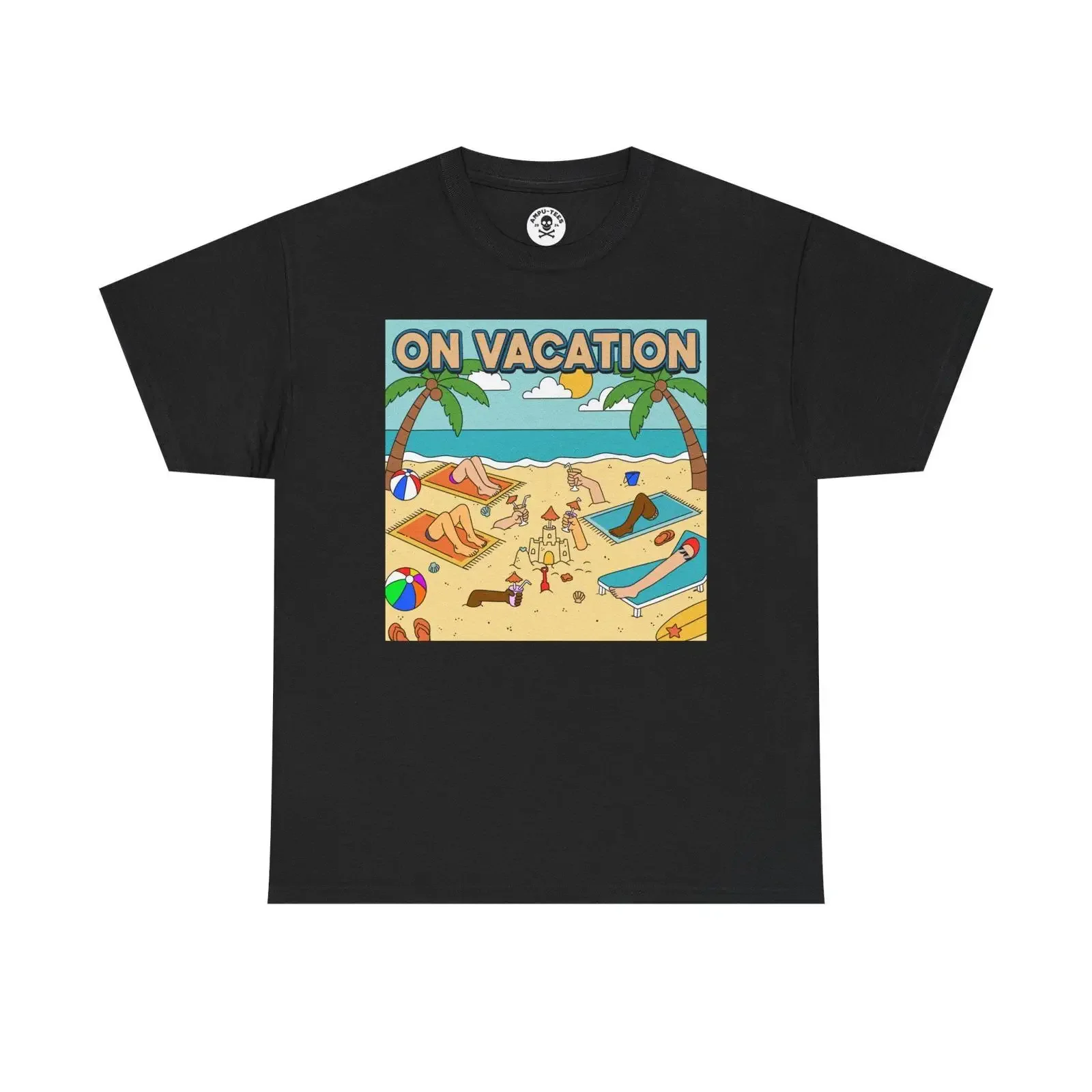 On Vacation Beach Scene T Shirt Retro Palm Trees Sandcastle Surfboards vintage Washed streetwear Top For Everyday Wear Slightly