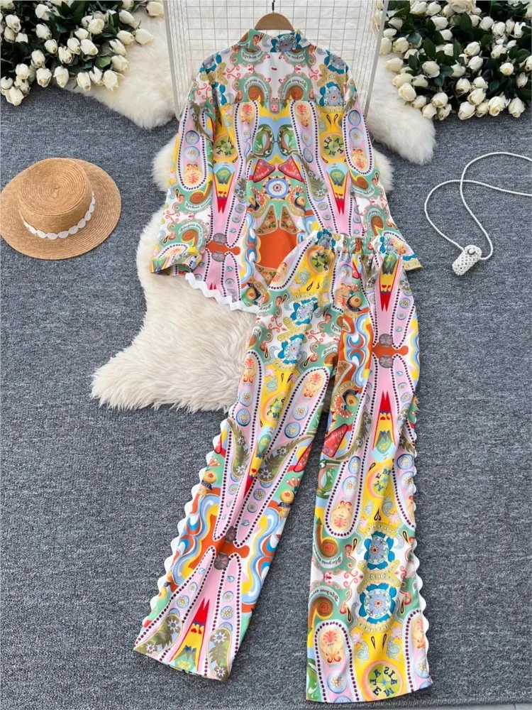 Elegant and Chic Print Women Two Pieces Set Autumn Vintage Shirts Tops Wide-Leg Pants Outfits Female Boho Holiday Trousers Suits