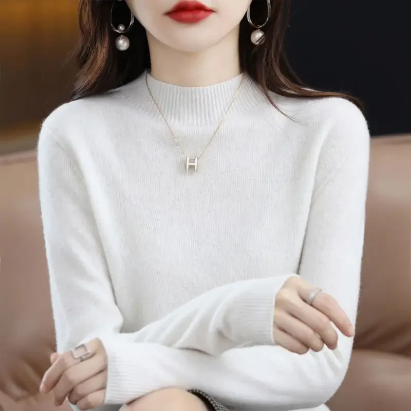 

100% Merino Wool Sweater Women Mock Neck Sweater Fall Winter Basic Soft Warm Pullovers Long Sleeve Knit Wool Tops Female Clothes