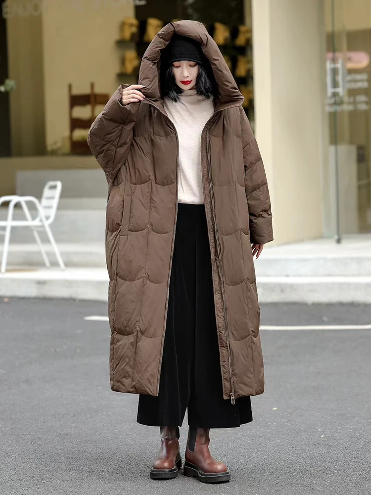 الشتاء مقنعين طويلة كبيرة الحجم أسفل سترة الإناث الدافئة باركر طول الركبة أبلى المرأة الأبيض بطة أسفل مزدوجة سستة أسفل سترة #1