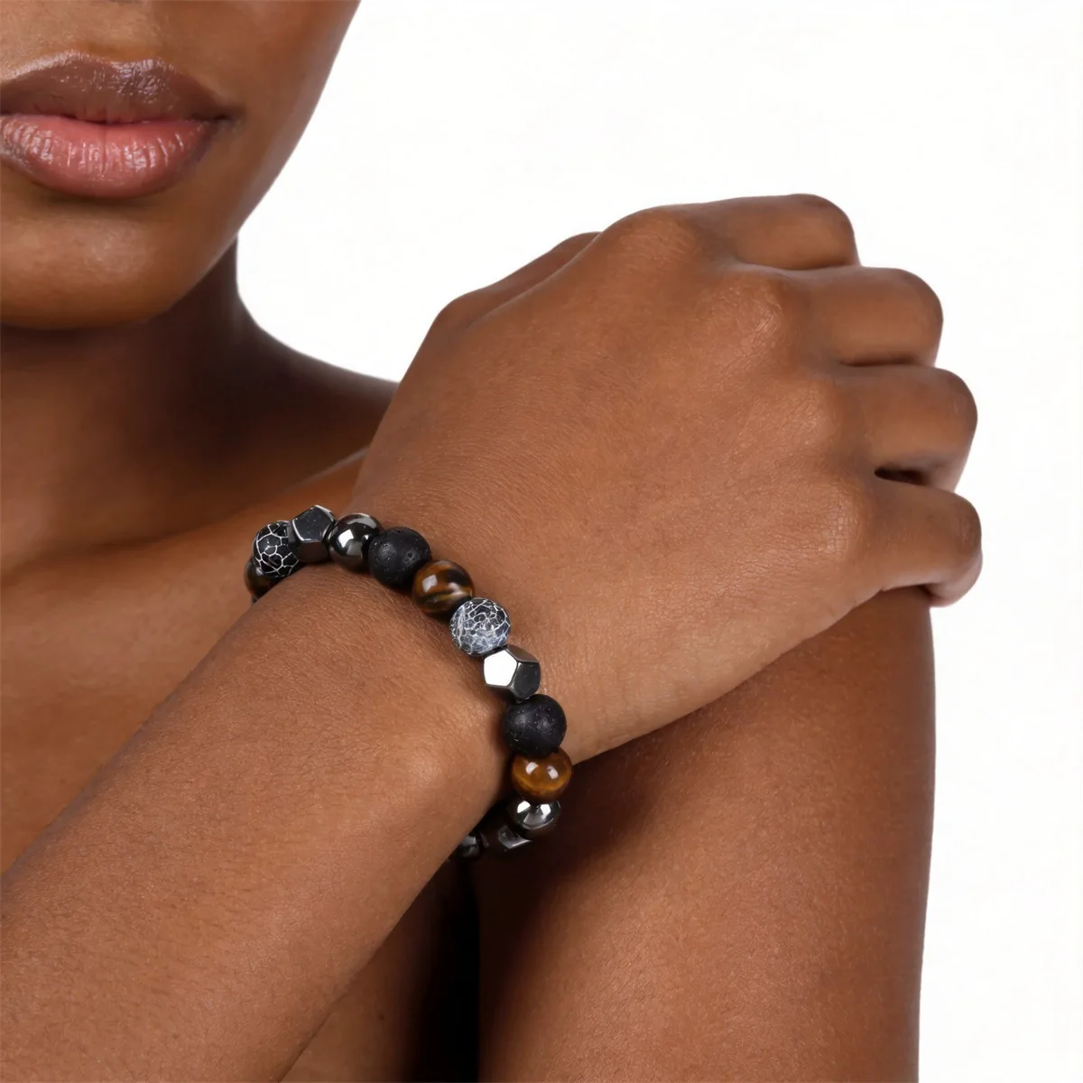 Unisex Tigerauge Lavastein Gesprenkelte Achat-Hämatit Stretch-Armband Reichtum Glücksbringer Energie-Schmuck Tägliches Urlaubsgeschenk – Detail 4