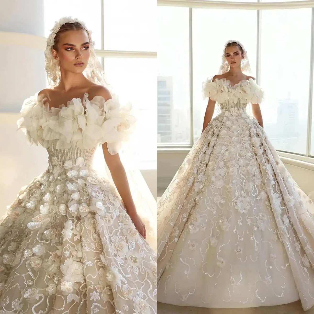

Luxurious A-Line Lace 3D Floral Women's Wedding Dress Sexy Off Shoulder Sleeveless Ball Bridal Gown Vestido De Novia Customized