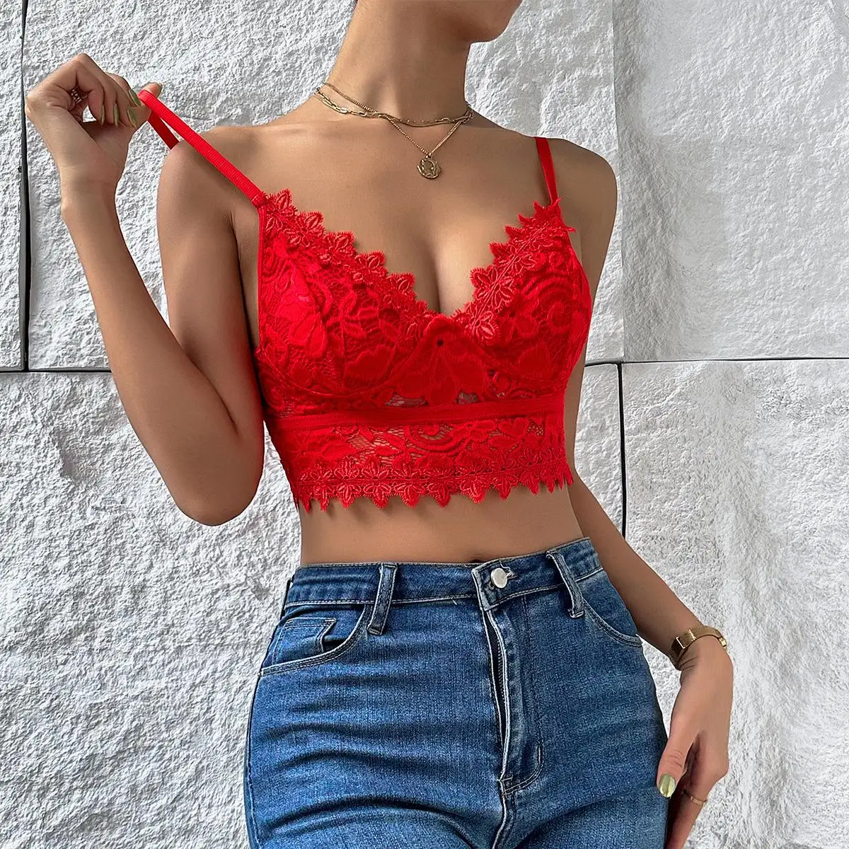 Sexy Pure Color Lace Deep V Strap Wrap Chest Crop Top ort Vest 9328 European Sle Polyester Spandex Blend Busin Home Wear