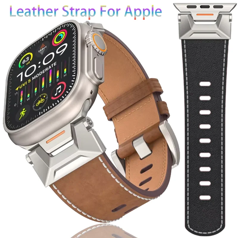 

Genuine Leather Strap For Apple Watch Ultra 2 49mm 10 9 8 7 45mm 46mm Mecha Business Wristband For iWatch 6 5 4 44mm Accessories