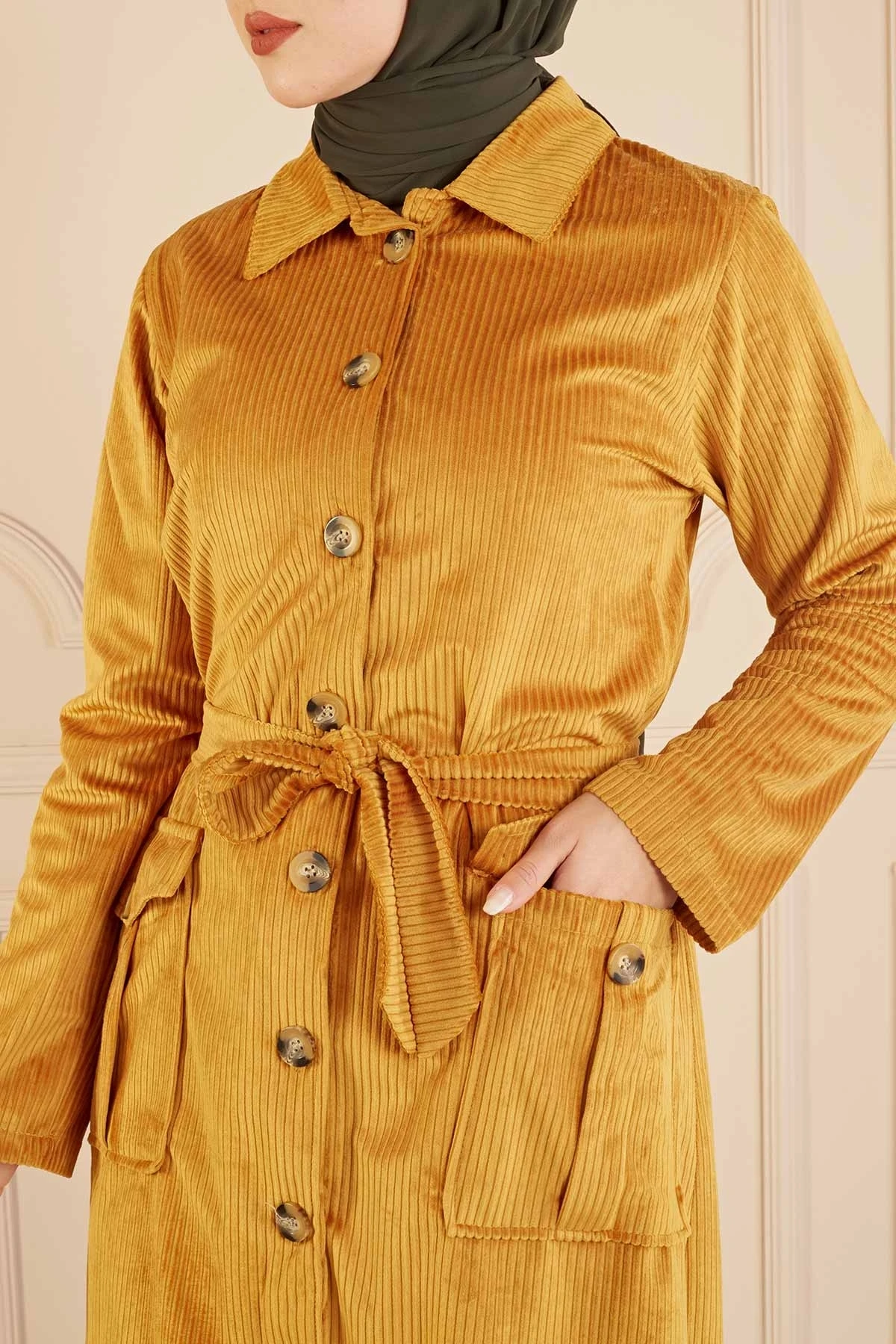 Through-hole Button Velvet Tunic FC Mustard