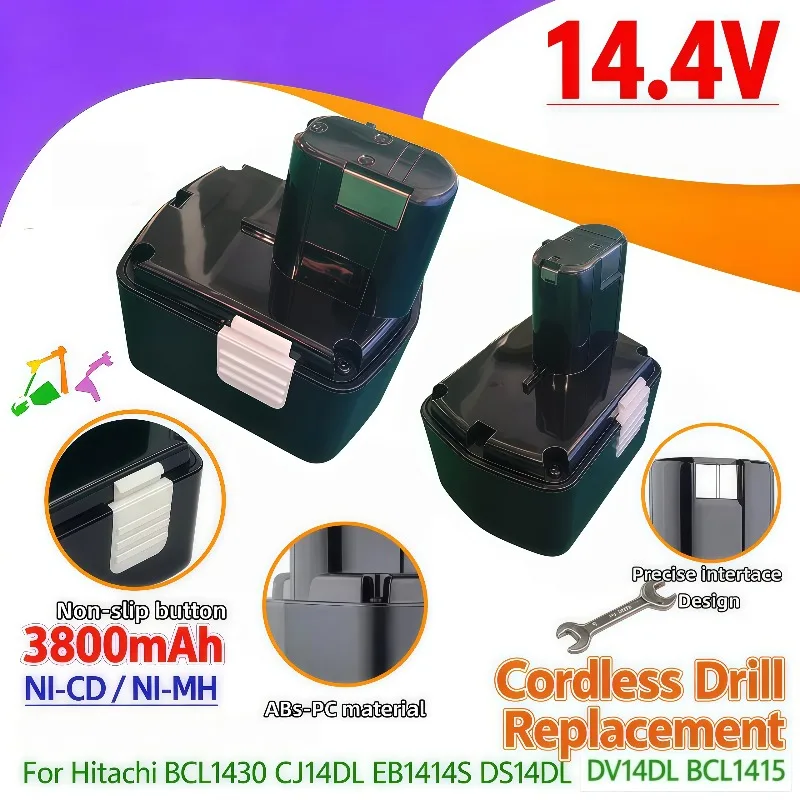14.4V 3800mAh NI‑CD NI‑MH Replaceable Battery For Hitachi BCL1430 EB1414S DS14DL DV14DL Cordless Power Drill