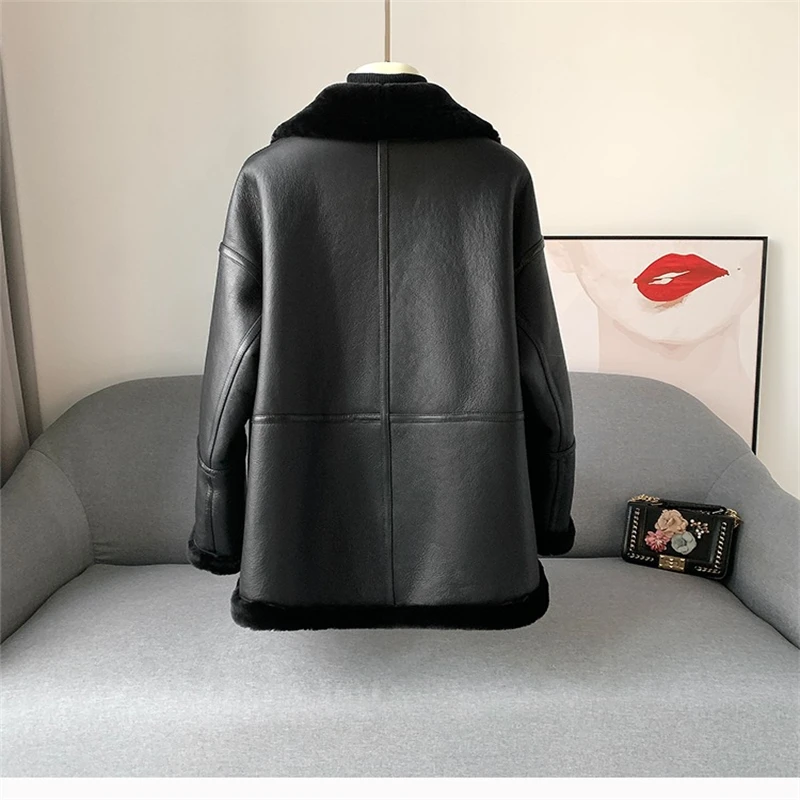 New Women Merino Wool Fur Jacket Real Leather Sheepskin Coat Female Motorcycle Parka JT409